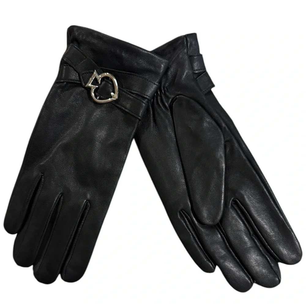 NWT Kate Spade Leather Gloves, Black, Ladies, Logo Buckle, Lg